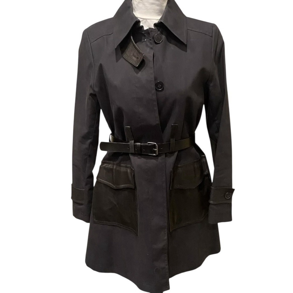 Theory Cedrica Coliseum Utilitarian Trench Coat Black Sz Large Leather Accents